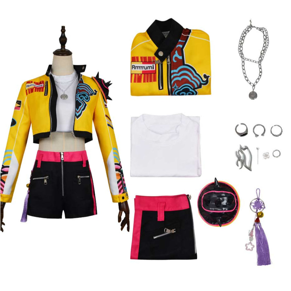 Kpop Demon Hunters Costume Rumi Cosplay Yellow Jacket Black Short Set Outfit For Adult Female Halloween Carnival Suit