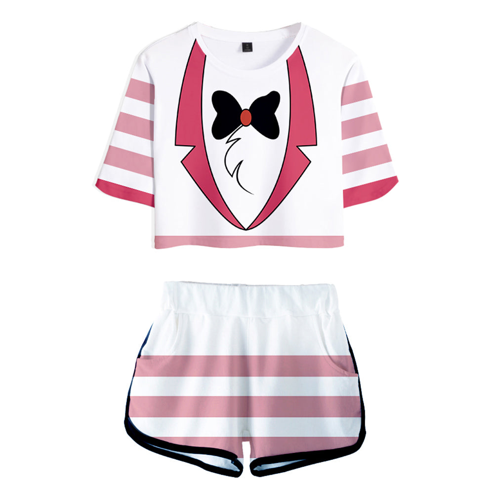Hazbin Hotel Angel Dust Original Pink Sexy Cropped Tee T-shirt Set Cosplay Costume Outfits Halloween Carnival Suit