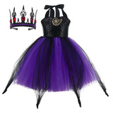 Maleficent Black Purple Mesh Dress With Crown Kids Children Cosplay Costume Outfits Halloween Carnival Suit
