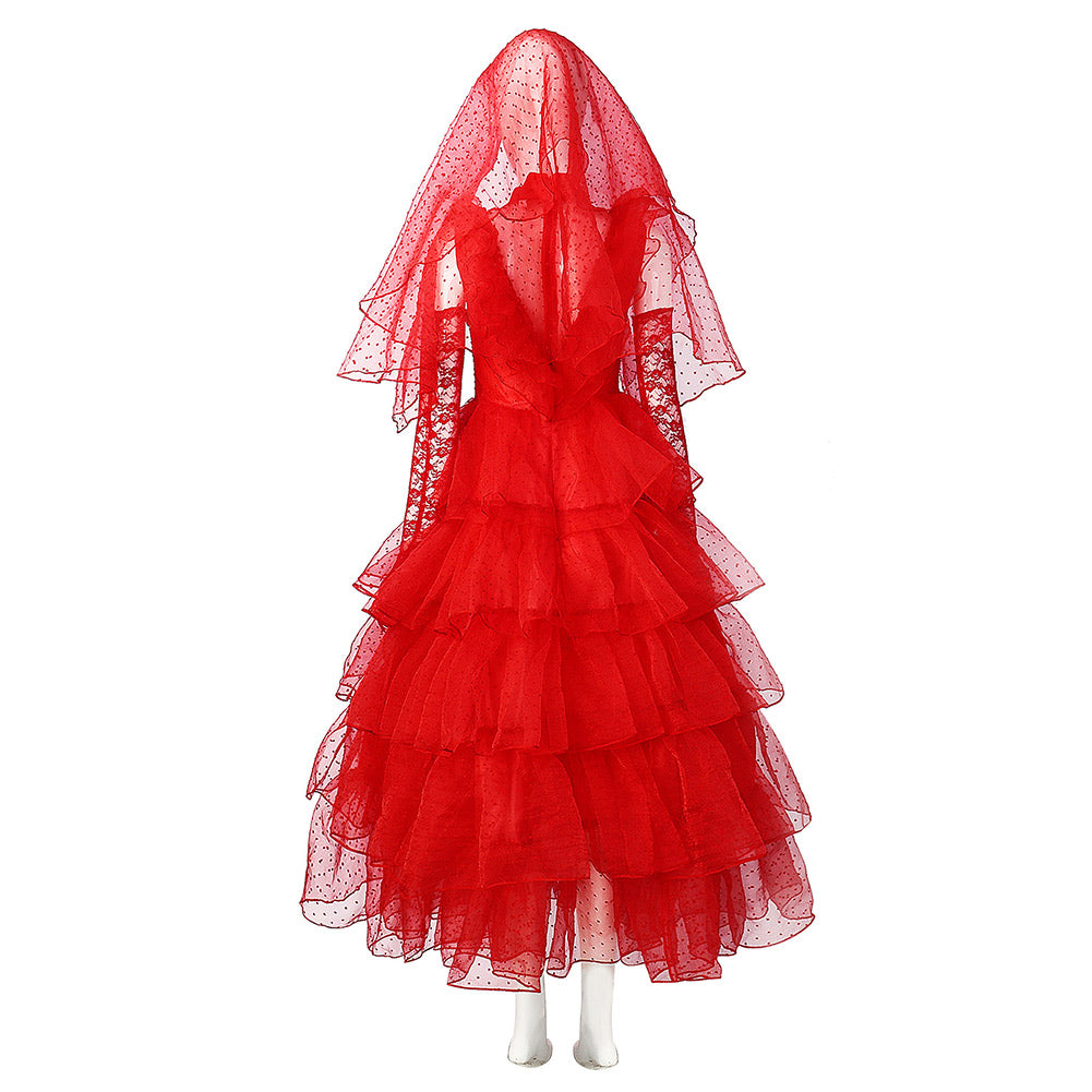 Beetle Juice Lydia Cosplay Costume Red Wedding Dress Outfits Halloween Carnival Suit
