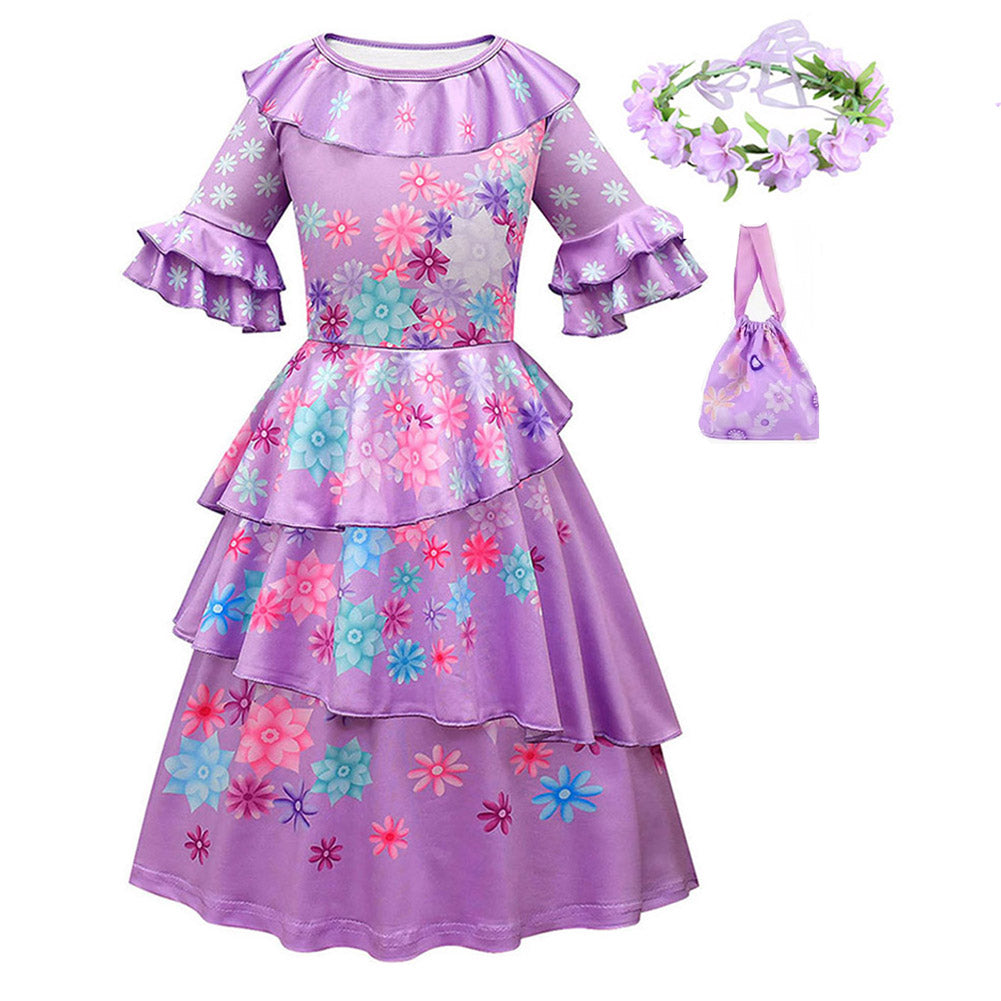 Kids Girls Encanto Isabela Cosplay Costume Dress Bag Headband Outfits Halloween Carnival Suit