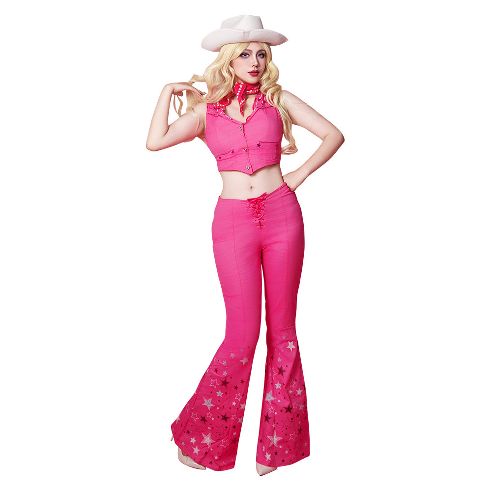 Barbie Movie Kids Girls Cosplay Costume Pink Vest Long Pants With Scarf  Cowgirl Outfit Set Halloween Carnival Fancy Dress