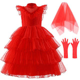 Beetlejuice Lydia Children Kids Girl Red Dress Cosplay Costume Outfits Halloween Carnival Suit