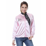 Grease Pink Ladies Cosplay Jacket Adult Women Satin Coat With  Neckscarf Costume Retro Fancy Jacket Halloween Carnival Party Suit