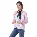 Grease Pink Ladies Cosplay Jacket Adult Women Satin Coat With  Neckscarf Costume Retro Fancy Jacket Halloween Carnival Party Suit