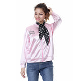 Grease Pink Ladies Cosplay Jacket Adult Women Satin Coat With  Neckscarf Costume Retro Fancy Jacket Halloween Carnival Party Suit