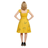La La Land Mia Women Yellow Printed Dress Cosplay Costume Halloween Carnival Party Suit