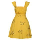 La La Land Mia Women Yellow Printed Dress Cosplay Costume Halloween Carnival Party Suit