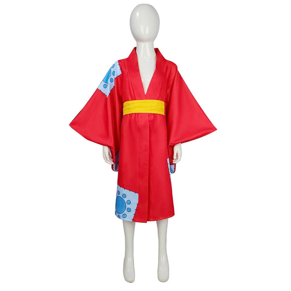 One Piece Luffy Wano Country Arc Kids Children Red Kimono Cosplay Cost ...