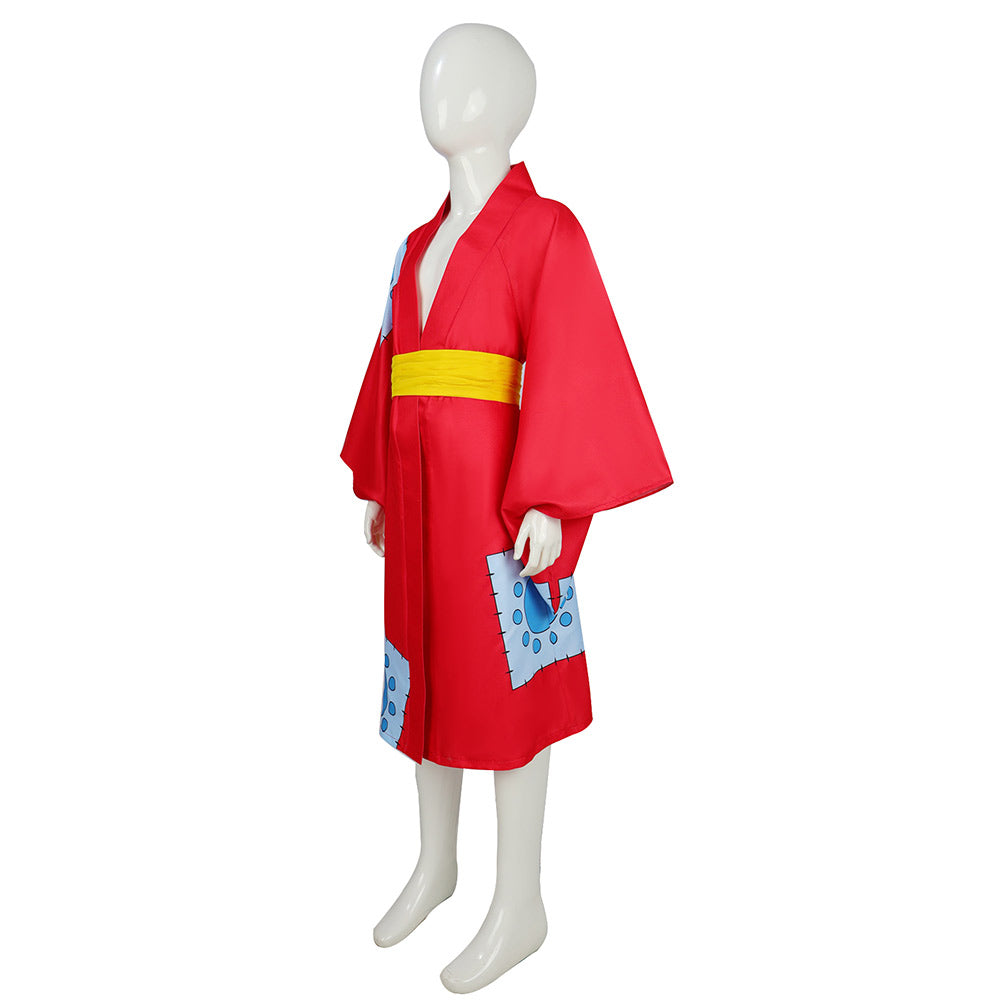 One Piece Luffy Wano Country Arc Kids Children Red Kimono Cosplay Cost ...