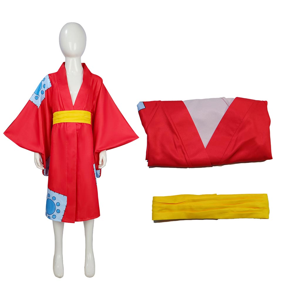One Piece Luffy Wano Country Arc Kids Children Red Kimono Cosplay Cost ...