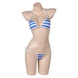 Street Fighter Cammy Blue-white Striped Sexy Bikini Swimsuit Swimwear Cosplay Costume Outfits