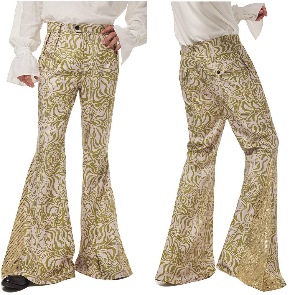 1970s Retro Vintage Disco Mid Waist Bell Bottom Super Flares Long Pants  Printed Trousers Jazz Dance Halloween Carnival Suit
