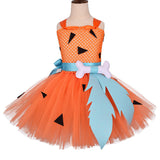 Kids Girls Primitive Man bones Print Cosplay Costume Orange Dress Outfits Halloween Carnival Suit