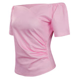 Pink Ladies Grease Cosplay Costume T-shirt Women Pink Off-shoulder Short Sleeve Shirt Top