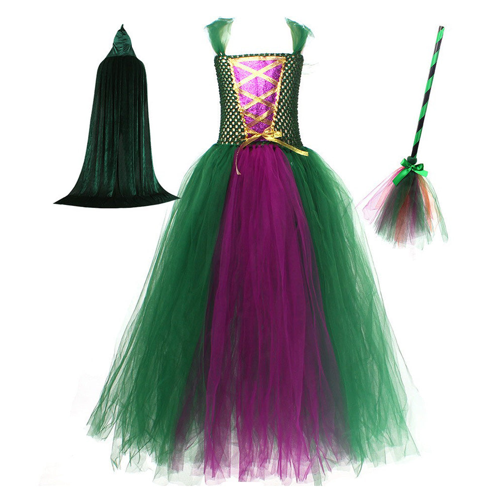Kids Girls Hocus Pocus Winifred Sanderson Mesh Dress Halloween Carnival Suit