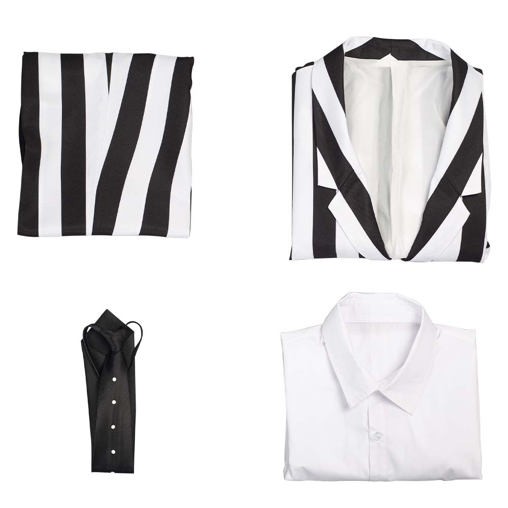 Beetlejuice Halloween Carnival Costume Adam Cosplay Costume Men Black and White Striped Suit Jacket Shirt Pants Outfit