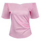 Pink Ladies Grease Cosplay Costume T-shirt Women Pink Off-shoulder Short Sleeve Shirt Top