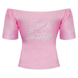 Pink Ladies Grease Cosplay Costume T-shirt Women Pink Off-shoulder Short Sleeve Shirt Top