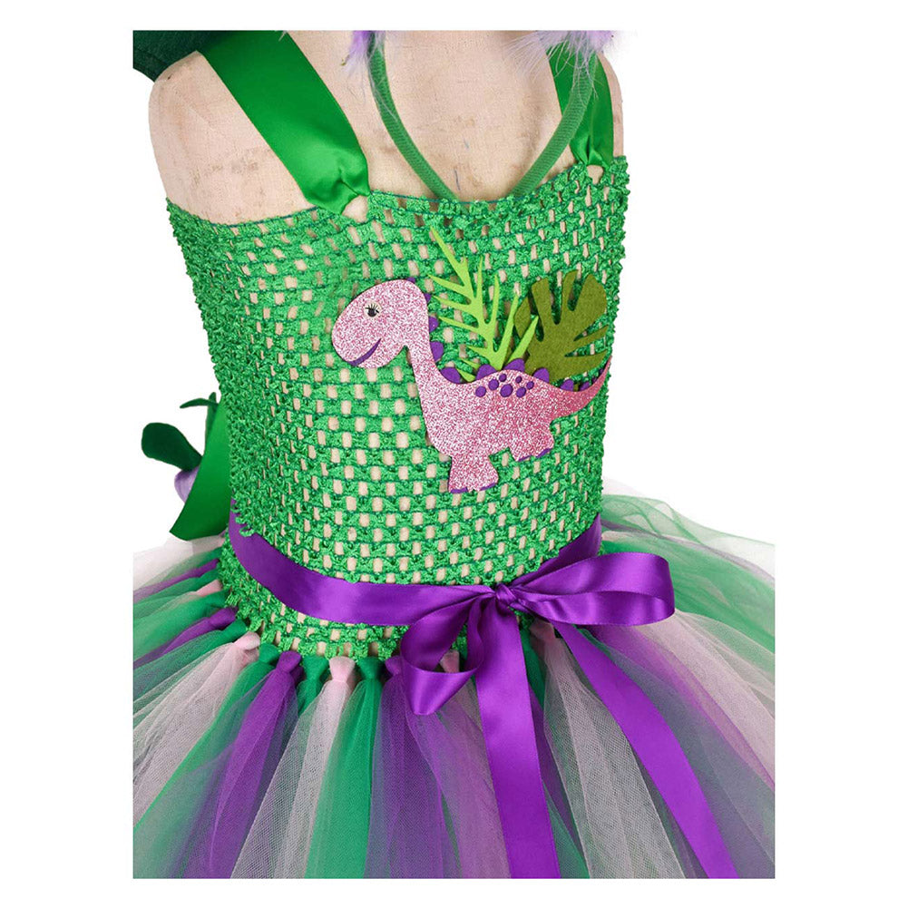 Kids Girls Dinosaur Cosplay Costume Dress Tail Headband Outfits Halloween Carnival Party Suit
