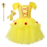 Kids Girls Beauty and the Beast Belle Cosplay Costume Mesh Dress Outfits Halloween Carnival Suit