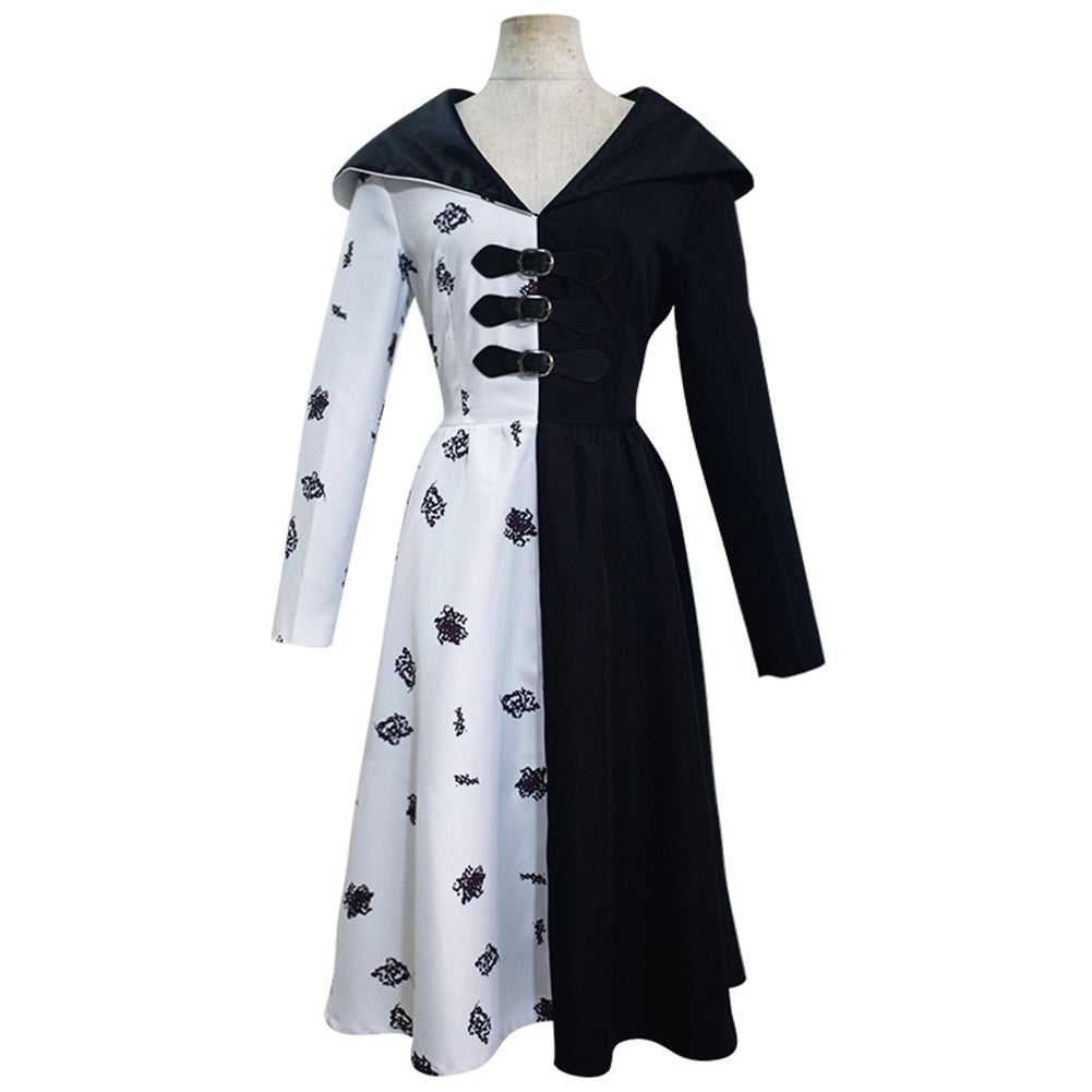 Cruella Cosplay Costume Black White Dress Outfits Halloween Carnival Suit