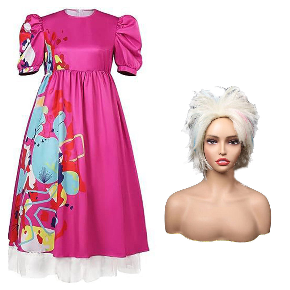 Barbie 2023 Weird Barbie Pink Bubble Sleeve Dress Wig Set Cosplay Costume Suit S