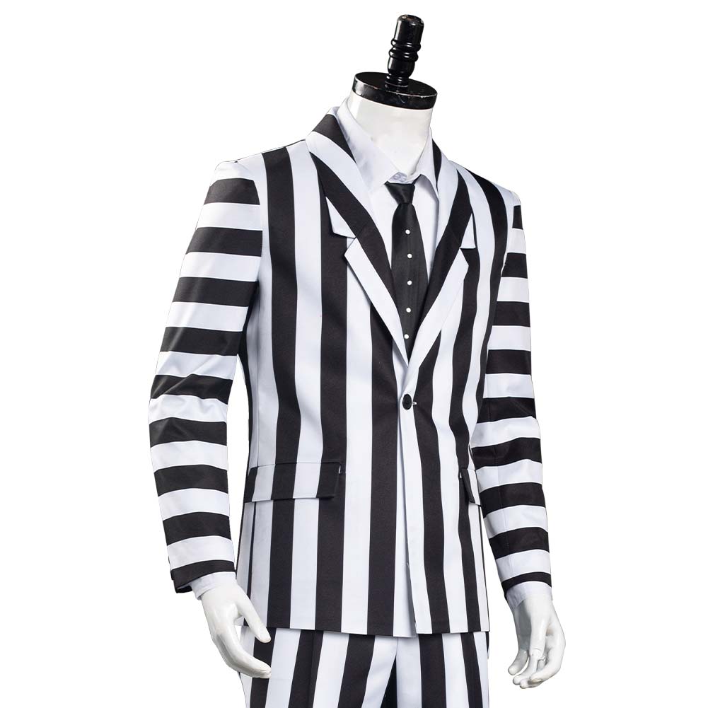 Beetlejuice Halloween Carnival Costume Adam Cosplay Costume Men Black and White Striped Suit Jacket Shirt Pants Outfit