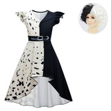 kids Girls Cruella Cosplay Costume Dress Wig Outfits Halloween Carnival Suit