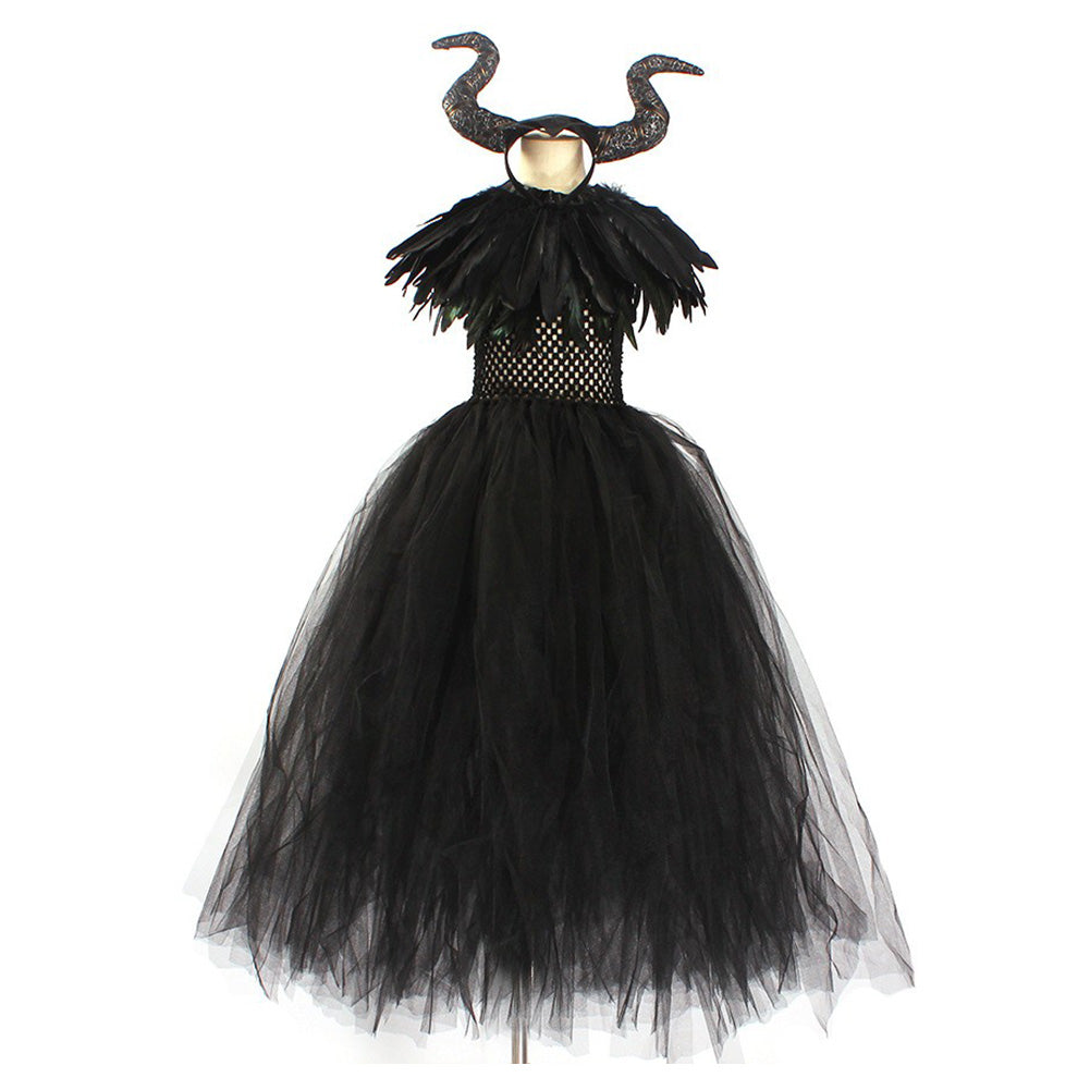 5Pcs Set Kids Girls Maleficent Cosplay Costume Dress Headband Outfits Halloween Carnival Suit
