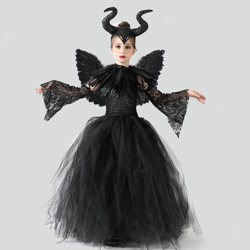 5Pcs Set Kids Girls Maleficent Cosplay Costume Dress Headband Outfits Halloween Carnival Suit